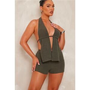 PrettyLittleThing Khaki Crinkle Rib Halterneck Bralette US Size 0 UK Size 4 NWT